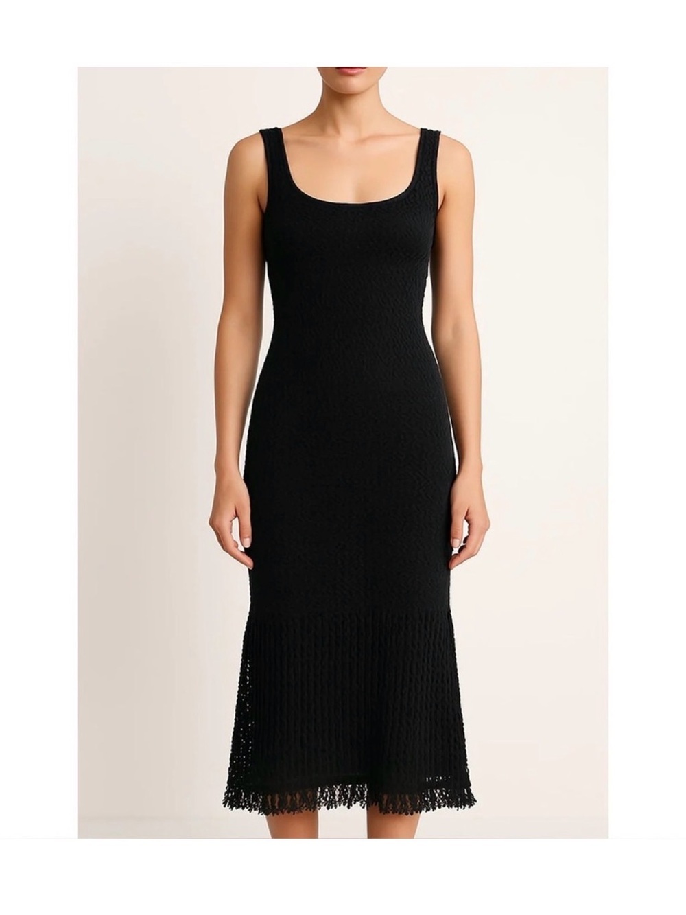 House of Harlow 1960 Black Knit Crochet Fringe Hem Midi Dress